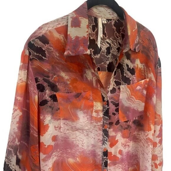 Bellatrix Orange Purple and Ivory Sheer Long Sleeve Buttondown Blouse Size S - Picture 2 of 10